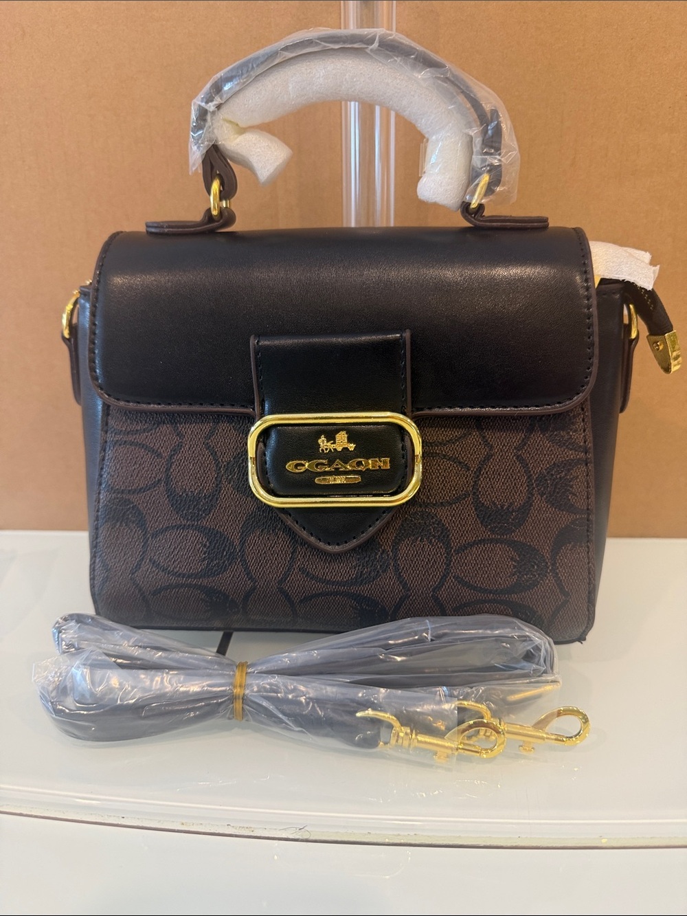 Coach Brown and Black Signature Mini Top-Handle Satchel with Gold Hardware - Picture 3 of 9